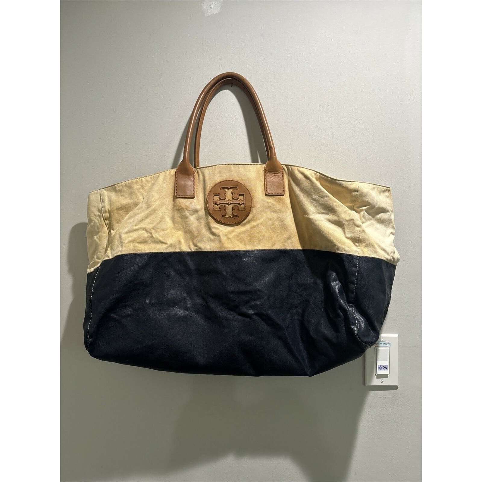 Tory Burch Canvas Color Block Beige/Blue Logo X-Large Beach Tote Bag Travel Bag